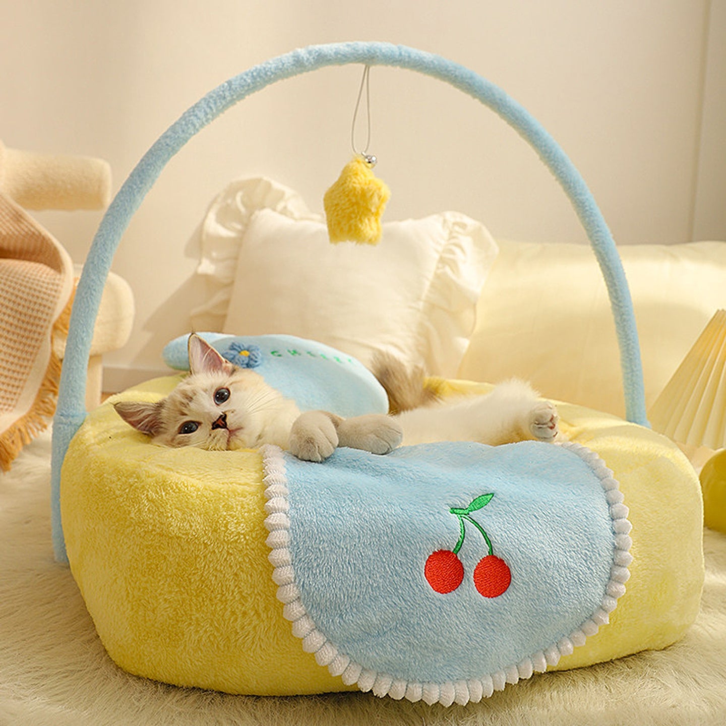 Cherry Cat Bed with Interactive Toy, Warm Plush Pet Bed for Cats & Dogs, Washable & Detachable