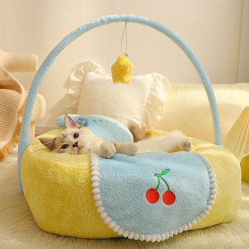 Cherry Cat Bed with Interactive Toy, Warm Plush Pet Bed for Cats & Dogs, Washable & Detachable