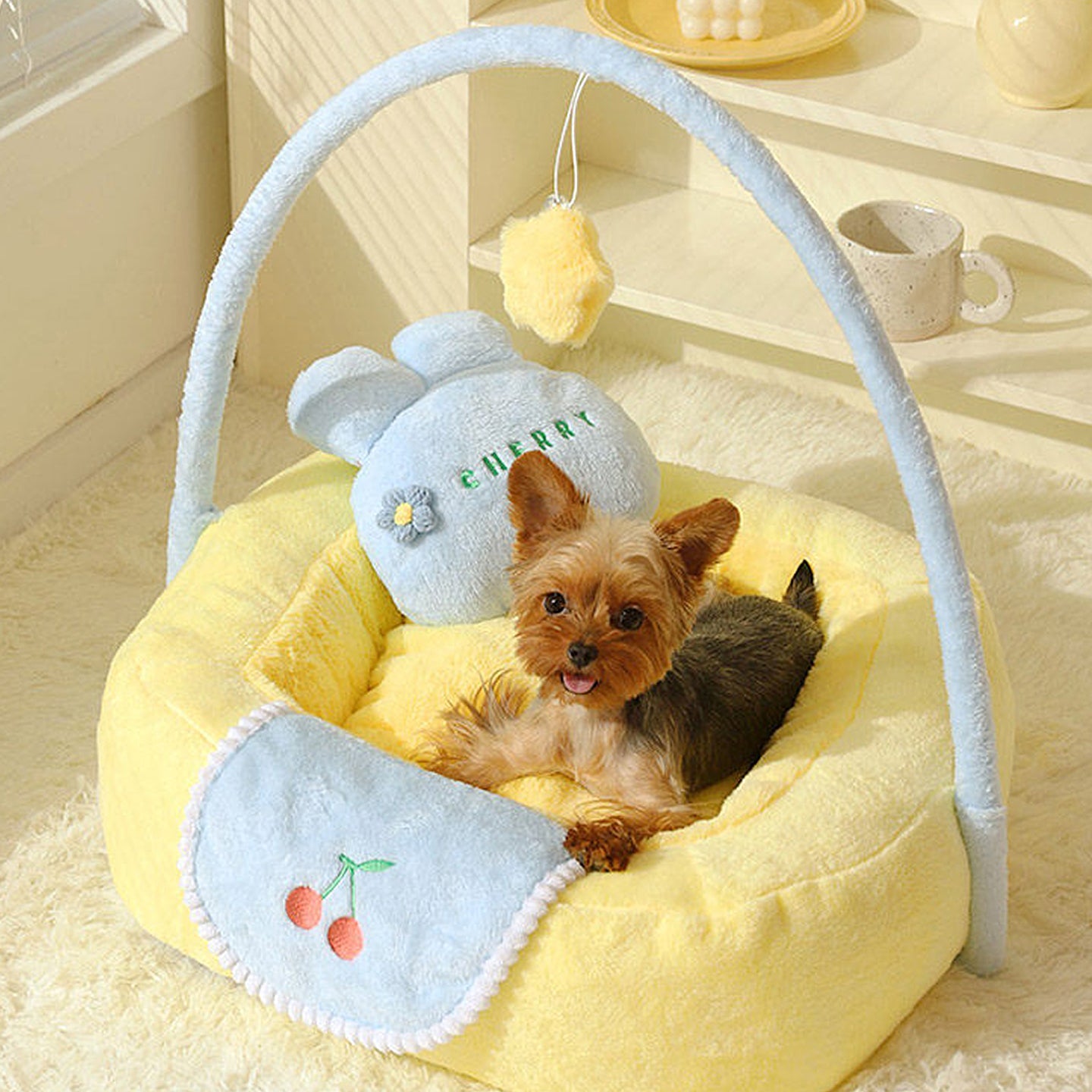 Cherry Cat Bed with Interactive Toy, Warm Plush Pet Bed for Cats & Dogs, Washable & Detachable