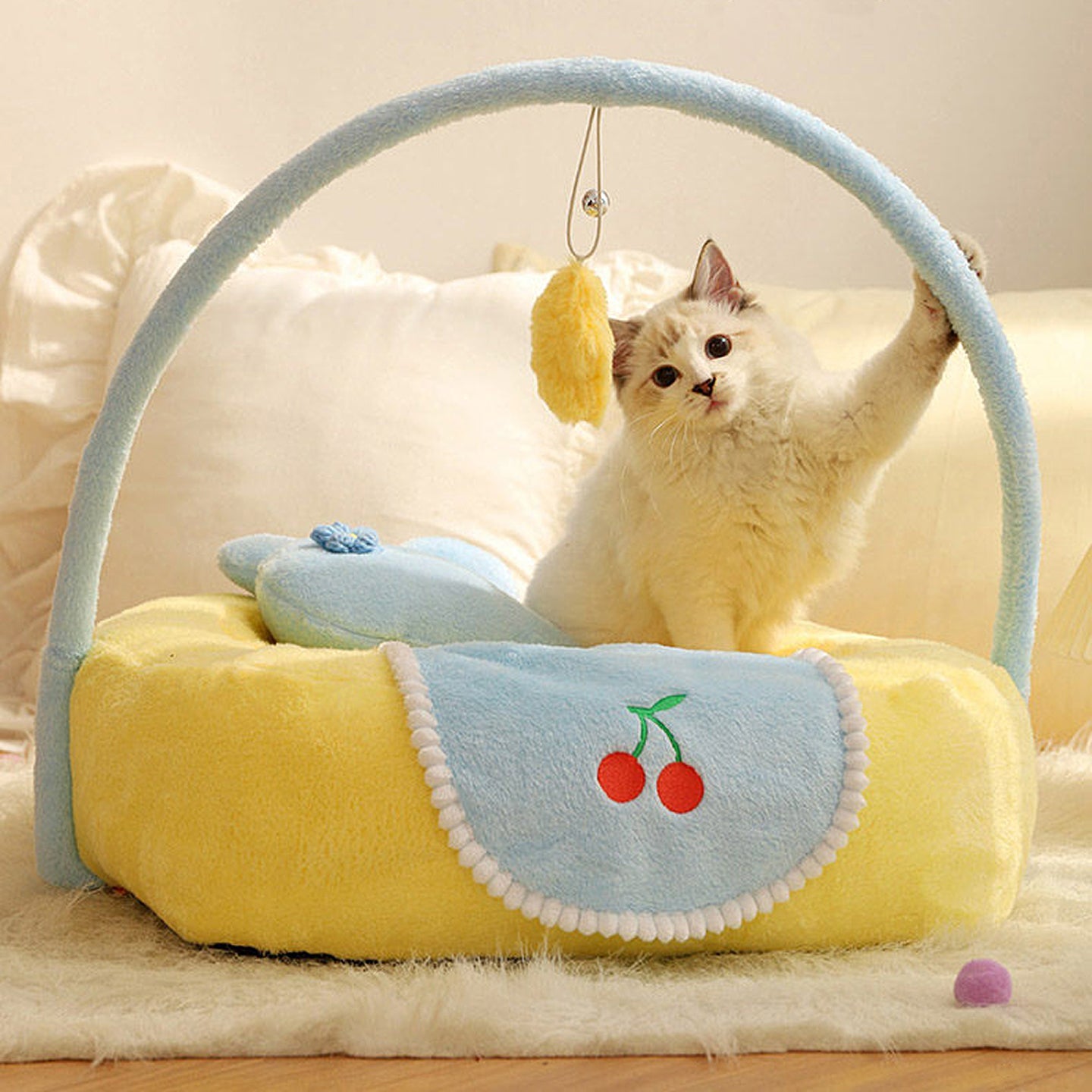 Cherry Cat Bed with Interactive Toy, Warm Plush Pet Bed for Cats & Dogs, Washable & Detachable