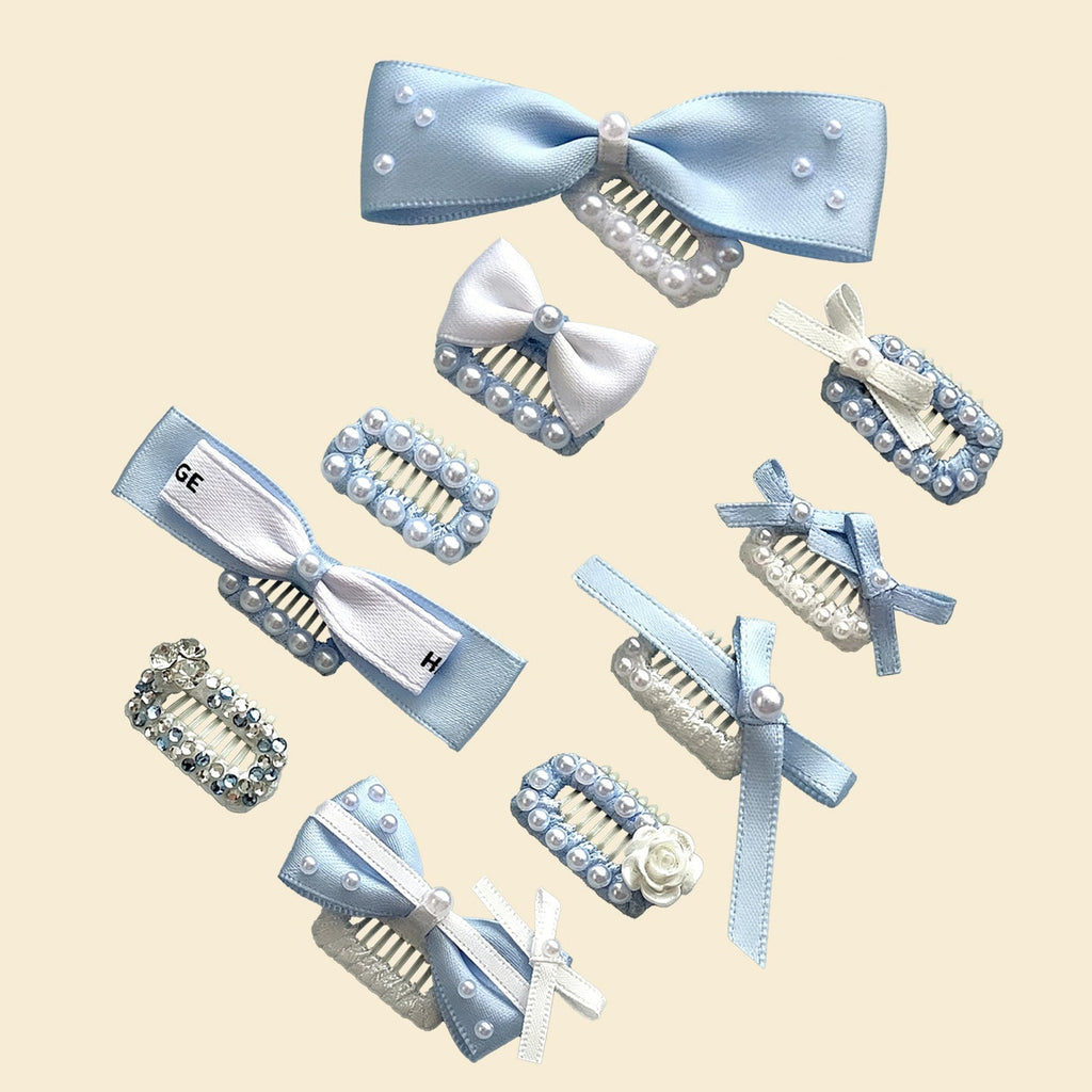 Blue Bow Pet Hair Clips, Dog Barrettes with Pearls & Rhinestones for Yorkie, Maltese & Small Breeds