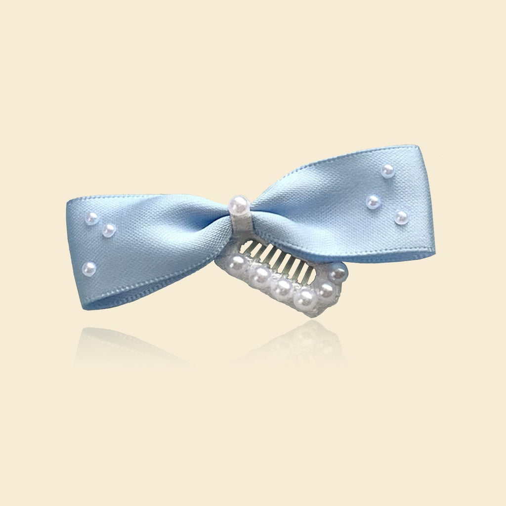 Blue Bow Pet Hair Clips, Dog Barrettes with Pearls & Rhinestones for Yorkie, Maltese & Small Breeds