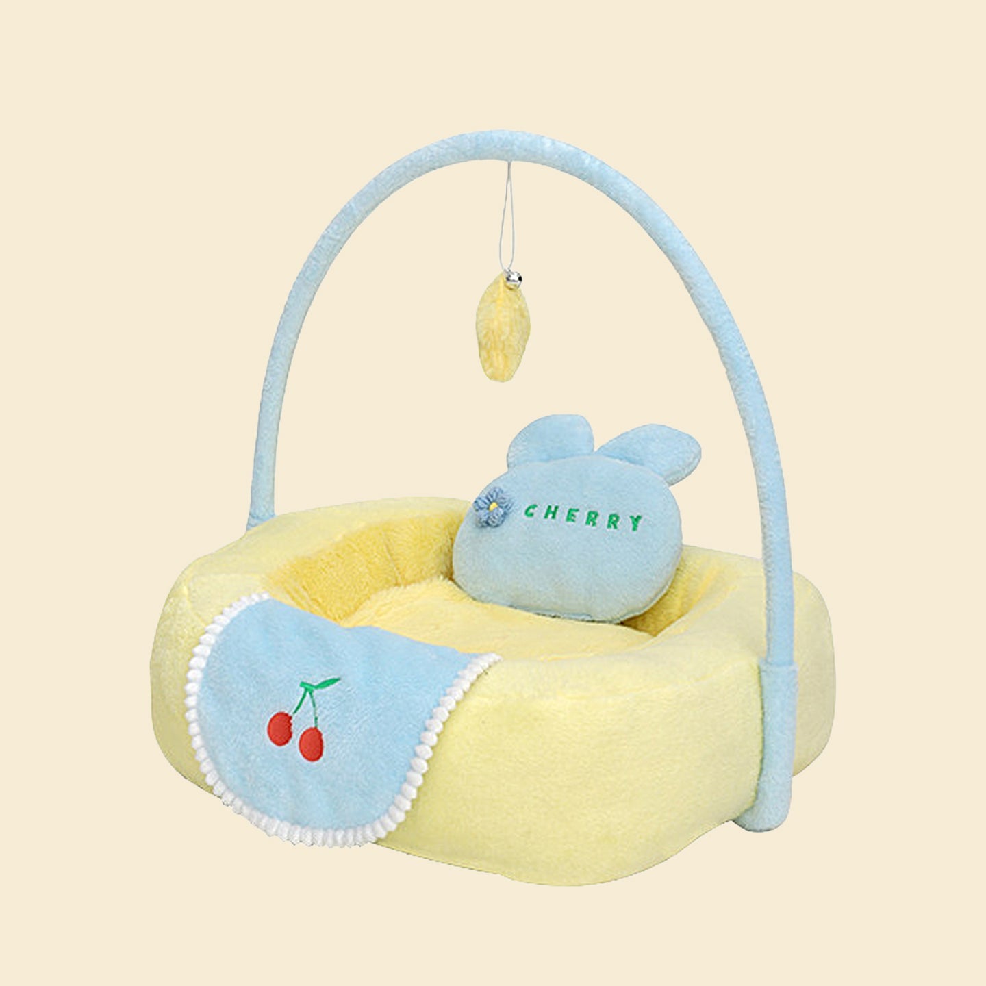 Cherry Cat Bed with Interactive Toy, Warm Plush Pet Bed for Cats & Dogs, Washable & Detachable